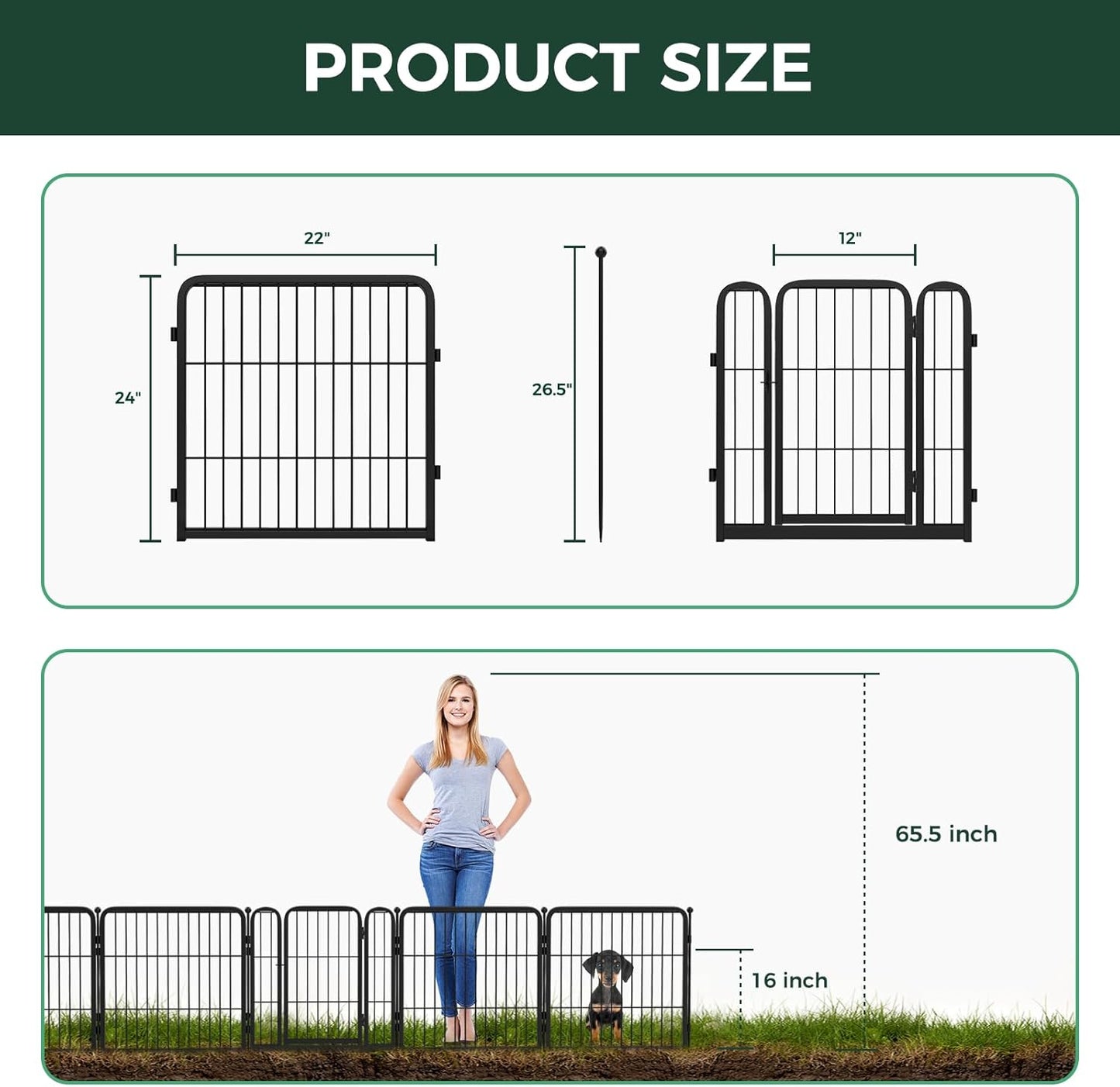 FXW Garden Fence Outdoor for The Yard – 24in(H) x 29.6ft(L) Heavy Duty Metal Animal Barrier for Dog and Rabbit, Decorative Dog Fence, 16 Panels, Black