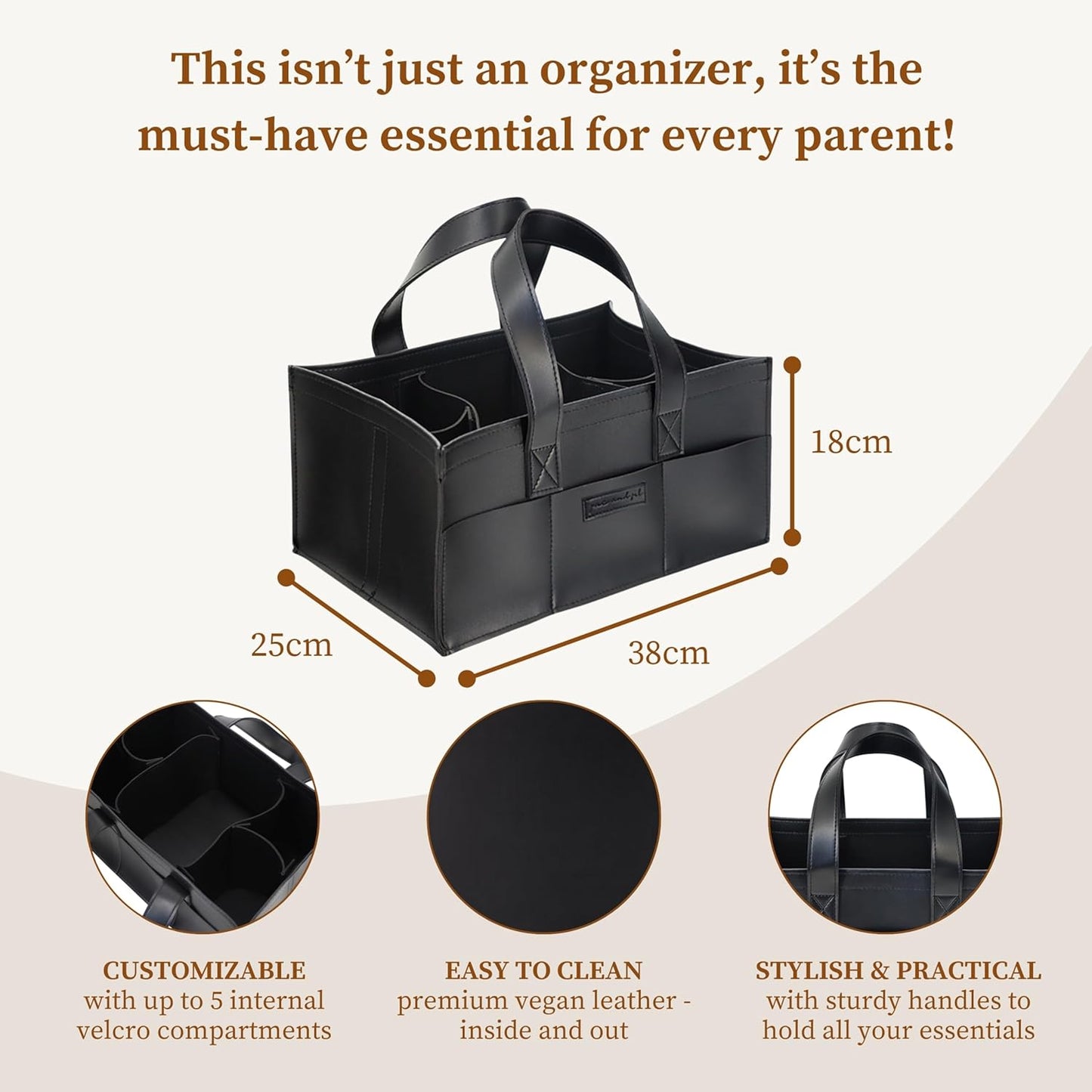 Premium Vegan Leather Baby Diaper Caddy Organizer – Portable Storage Basket for Newborn Essentials, Changing Table, Nursery, Car & Travel, Gifts for Baby Shower (Liquorice Black)