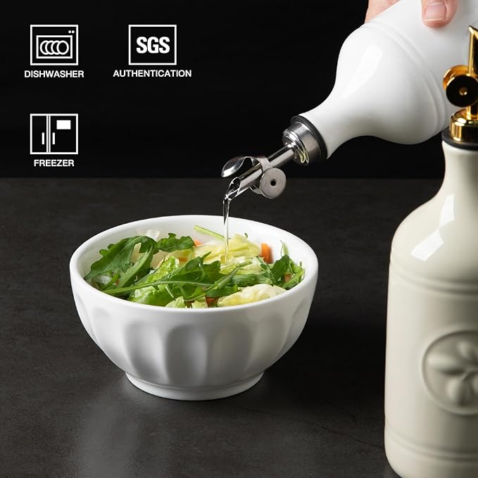 Sweejar 16 Oz Ceramic Olive Oil Dispenser Bottle, Oil Dispenser for Kitchen with Gravity Spout, Relief Opaque Oil Container for Evoo, Avocado Oil, Vinegar, Soy Sauce, 1 Pack(White, Gold Spout)