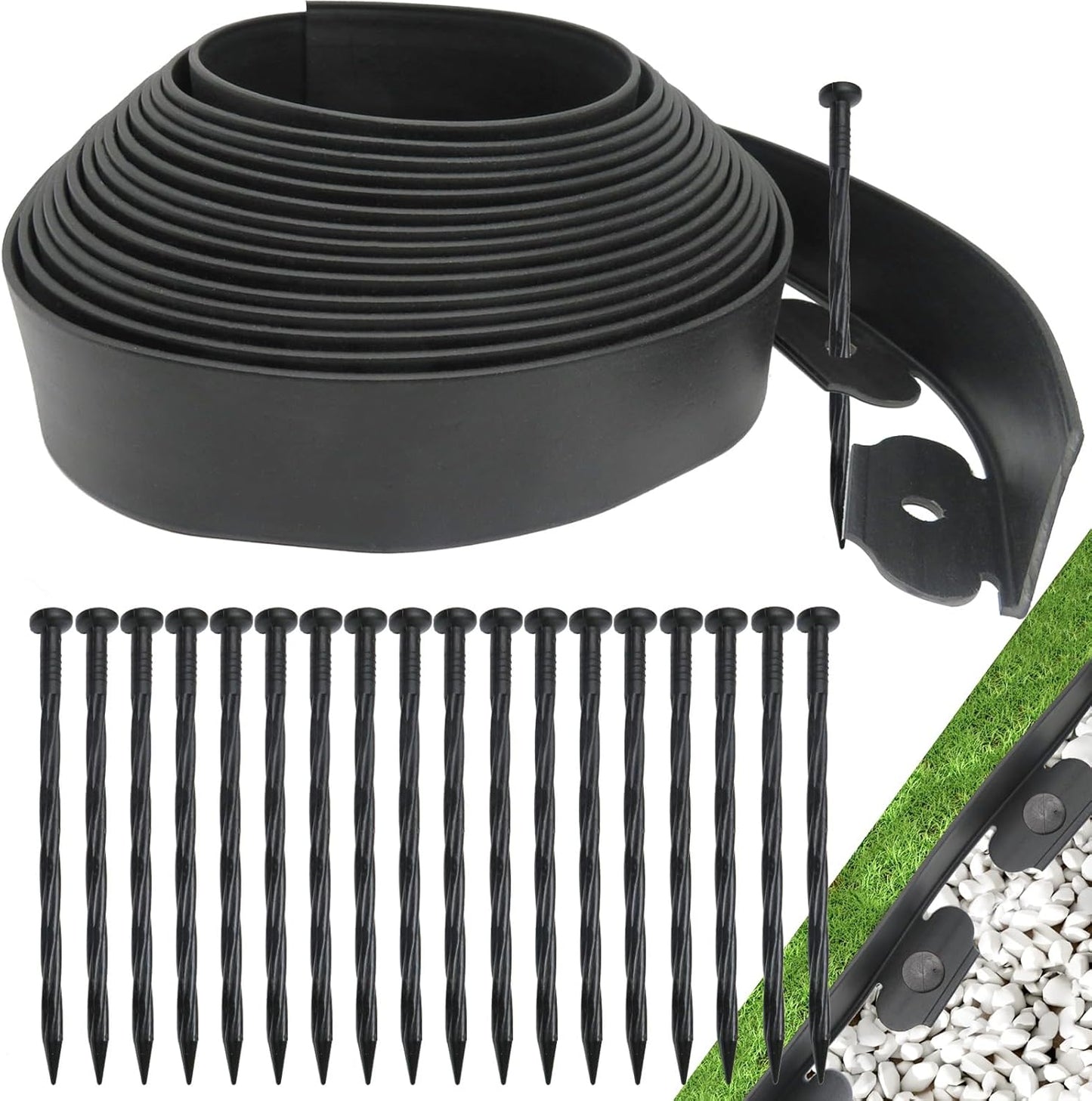 Landscape Edging Border, Plastic Edging for Landscaping, Garden Edging Border,Lawn Edging no dig,Garden Borders,Flower Bed Edging,Rubberific Landscape Edging, (Plastic Stakes, Black-66feet)