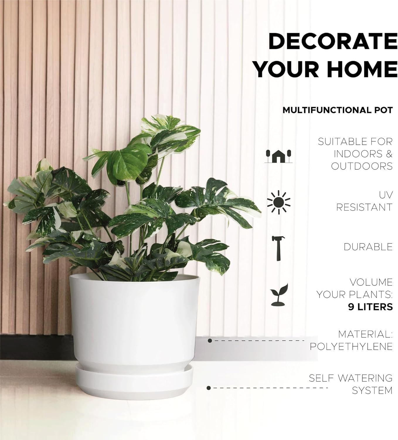 Elly Décor 10 inch Plastic Cylinder Planter Pot with Self-Watering Saucer and Drainage Hole,Lightweight & Extremely Durable, 10"x 10", White