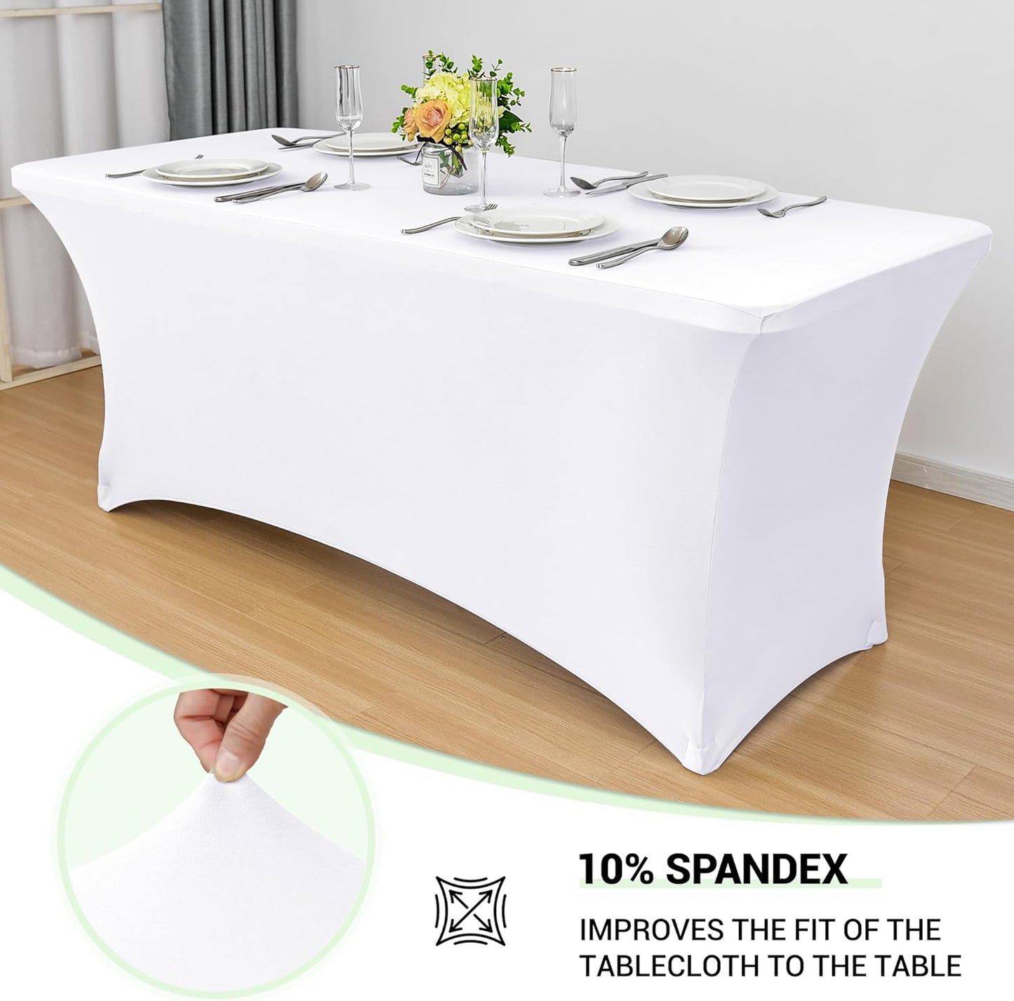Obstal 8ft Stretch Spandex Table Cover - 4 Pack Universal Rectangular Fitted Tablecloth Protector for Wedding, Banquet and Party, White
