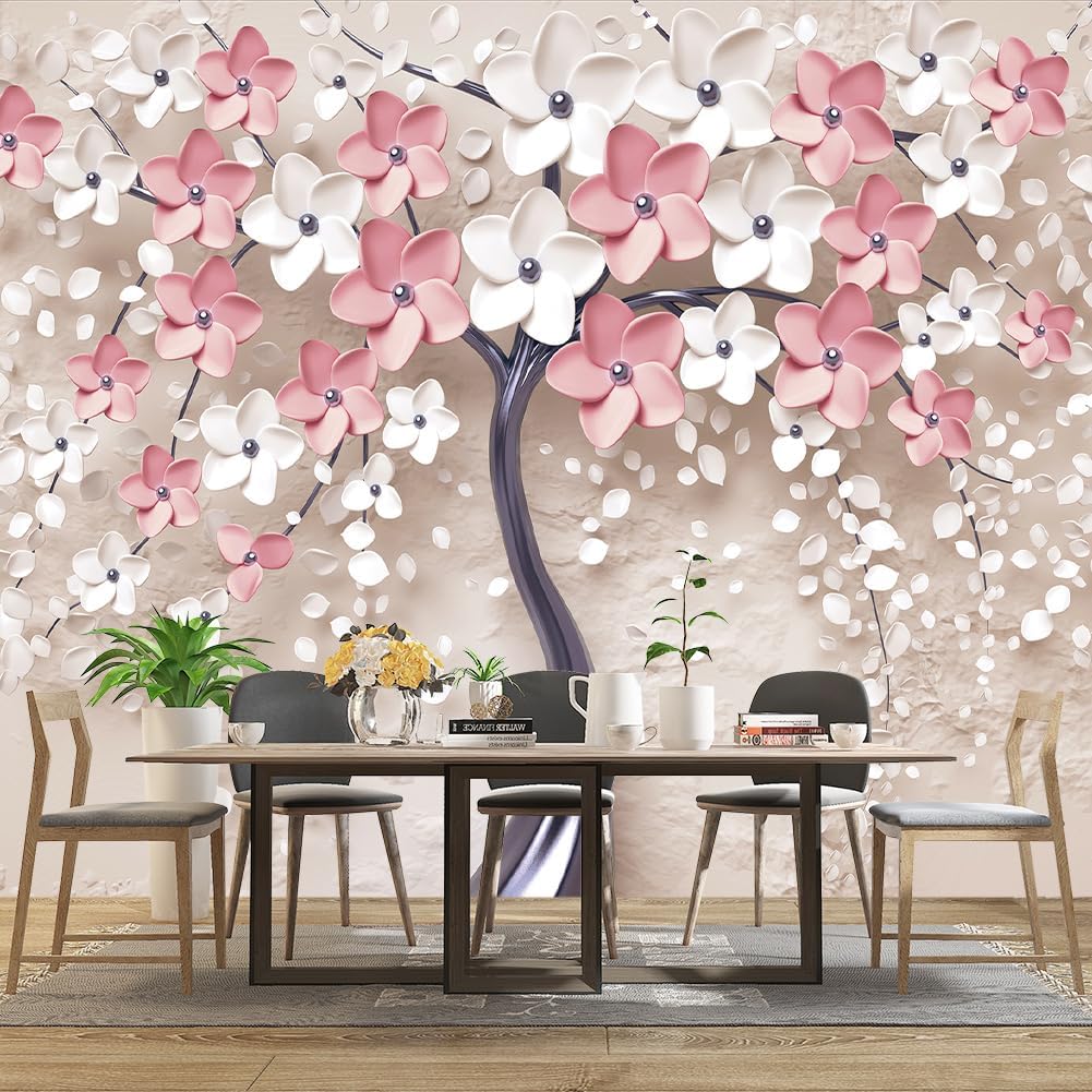 3D Relief Abstraction Pink Flowers Tree Mural Bedroom Floral Wallpaper Room Decor Living Room tv Background Large Wall Mural - 91"x65" (Not Peel and Stick)