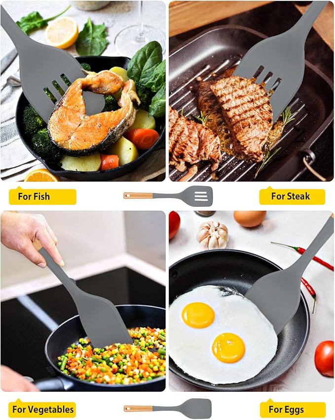 Pack of 2 Large Silicone Spatula, Heat Resistant Solid Turner, Non Stick Slotted Spatulas with Wooden Handle, Ideal Kitchen Utensils for Flipping, Pancakes, Eggs, Fish(GRAY)