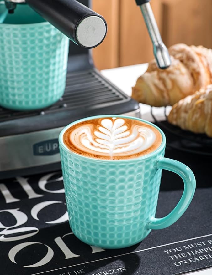 Ceramic Coffee Mugs 15 oz, Large Waffle Embossed Mug Set with Handle, Unique Coffee Cups for Latte, Cappuccino, Cocoa, Hot Tea, Mocha, Milk, Housewarming Wedding Present - Set of 4 (Turquoise)