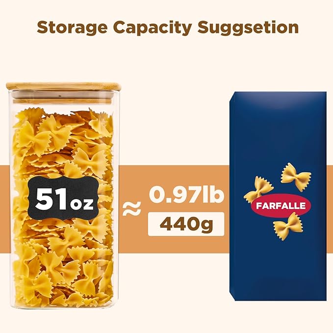 Glass Food Storage Jars Square 51oz, 3 Pack Glass Jars With Bamboo Lids, Kitchen Storage Containers For Spice, Candy, Cookie, Storage For Pantry Organizers