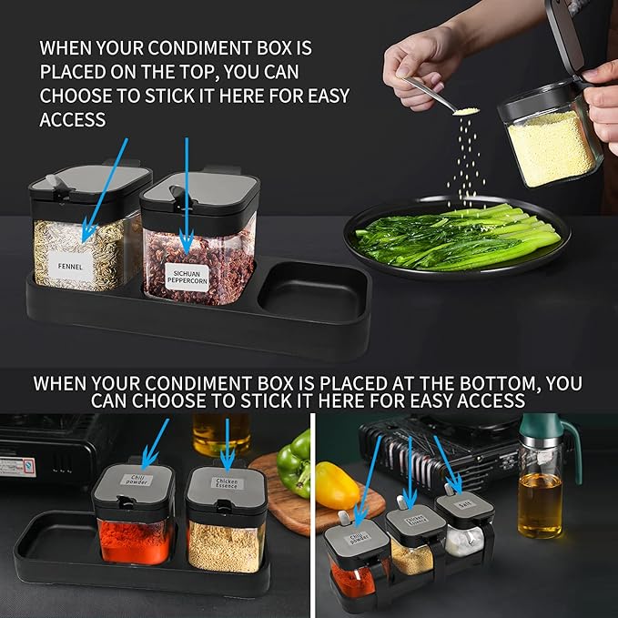 XIUDI Glass Spice Jars(3 piecesset)，Seasoning Containers with 304 Stainless Steel Lids and Spoons，Clear Glass Condiment Canisters Pots Seasoning Box Salt Container Sugar Bowl，for Kitchen,