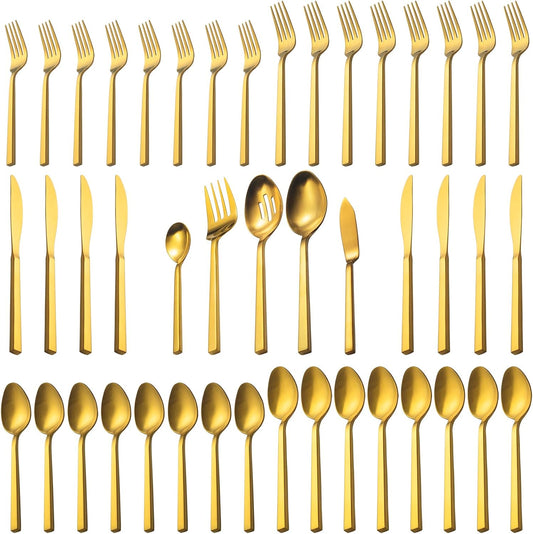Alata Cube Gold 45-Piece Flatware Set, Forged Cutlery Set, Matte Gold Silverware Service for 8, Stainless Steel Tableware with Square Handle for Home/Restaurant, Dishwasher Safe