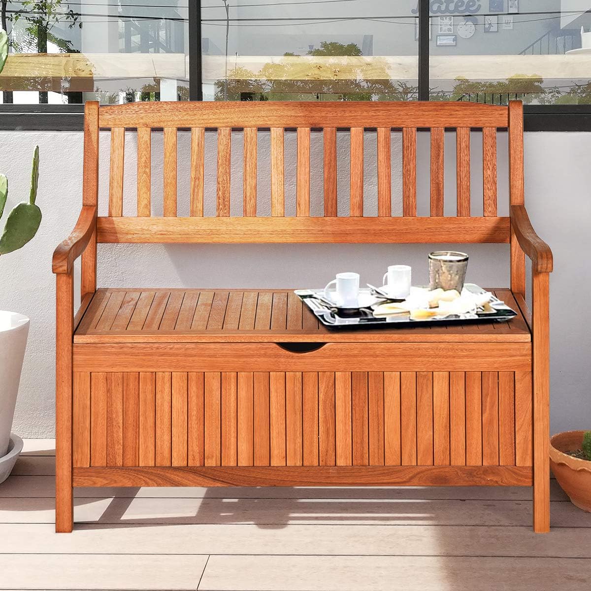 Tangkula Outdoor Wood Storage Bench Deck Box, Entryway Porch Storage Bench with Inner Removable Dust-Proof Lining & Portable Handles, Eucalyptus Wood Loveseat for Garden, Lawn, Balcony & Yard