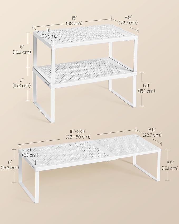 SONGMICS Spice Racks, Set of 2 Expandable Kitchen Countertop Shelves, Small Cupboard Organizers, Metal, Space-Saving Tabletop Shelves, Matte White UKCS402W01