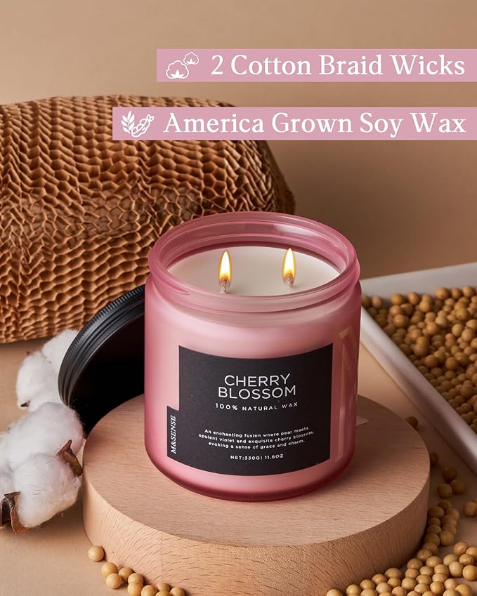 M&SENSE Cherry Blossom Scented Spring Candle, 70 Hours Long Lasting Soy Wax 11.6oz Stress Relief Aromatherapy Candles, Romantic Gifts for Women, Glass Jar for Bedroom Decor