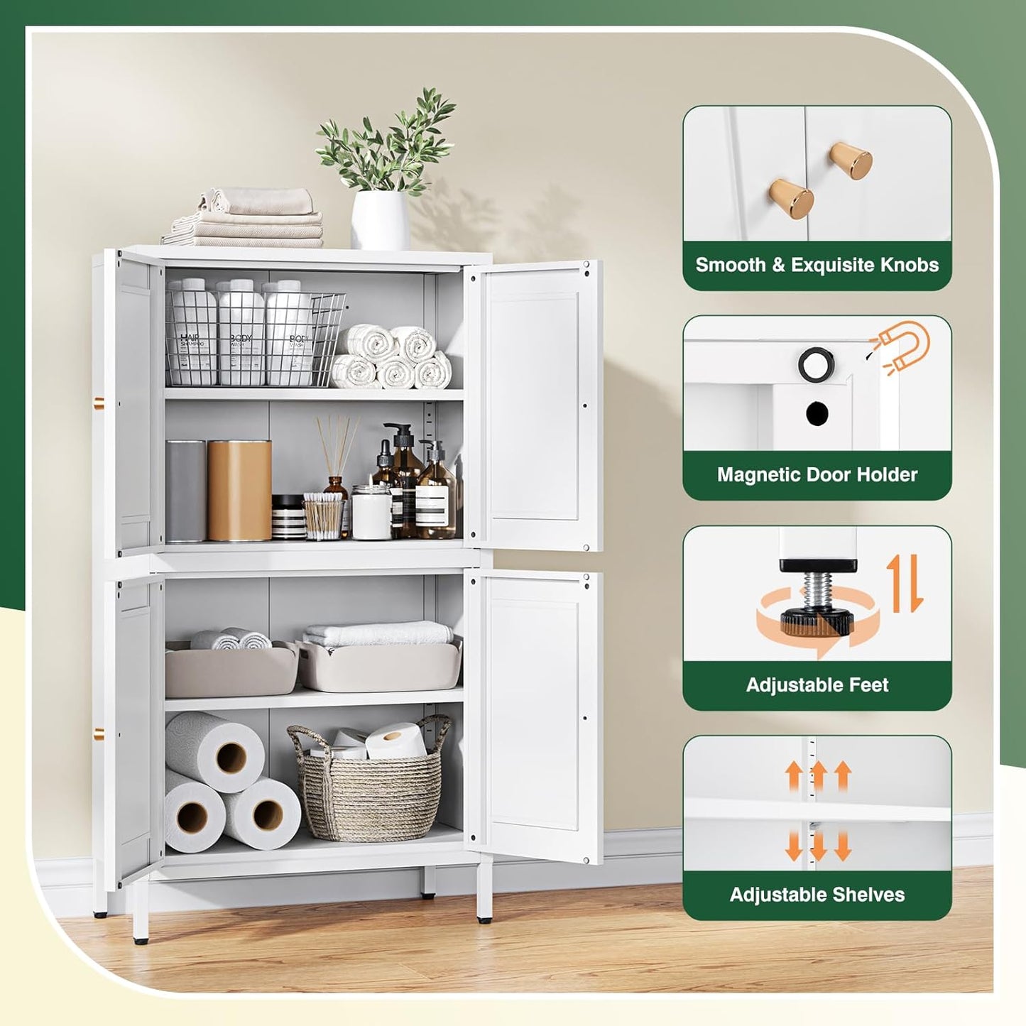 Letaya Storage Cabinet with Doors and Shelves,Small Freestanding Bathroom Floor Metal Cabinets -White