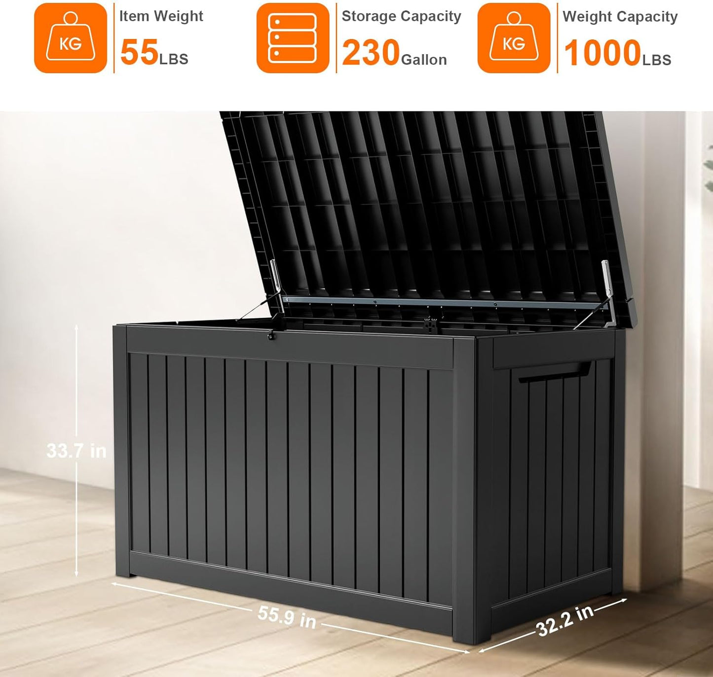 XXL 230 Gallon Large Resin Deck Box, Outdoor Lockable Storage Box for Patio Cushions Storage Furniture, Pool Supplies, Garden Tools, Weatherproof and UV Resistant- Black (230 Gallon)