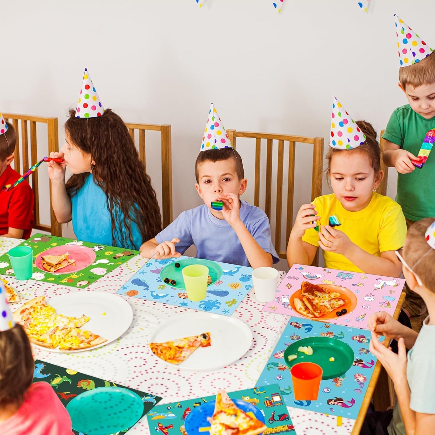 Unicorn Mermaid Kids Placemats Set of 6 Transport Dinosaur Plastic Table Mats Toddler Children Farm Ocean Animal Place Mats Washable Table Decoration for Indoor Outdoor Party Kitchen Dining