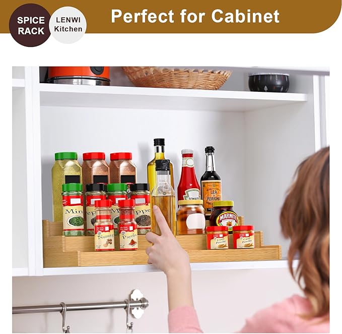 Spice Rack Organizer for Cabinet 2Pack, 3 Tier Expandable Bamboo Spice Storage, Great for Kitchen Cabinet, Cupboard,Pantry and More(Natrual)