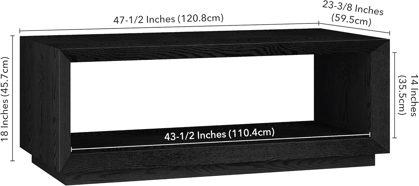 Henn&Hart 48" Rectangular Coffee Table with Open Storage Shelf for Living Room, Family Room, or Office, Black Grain