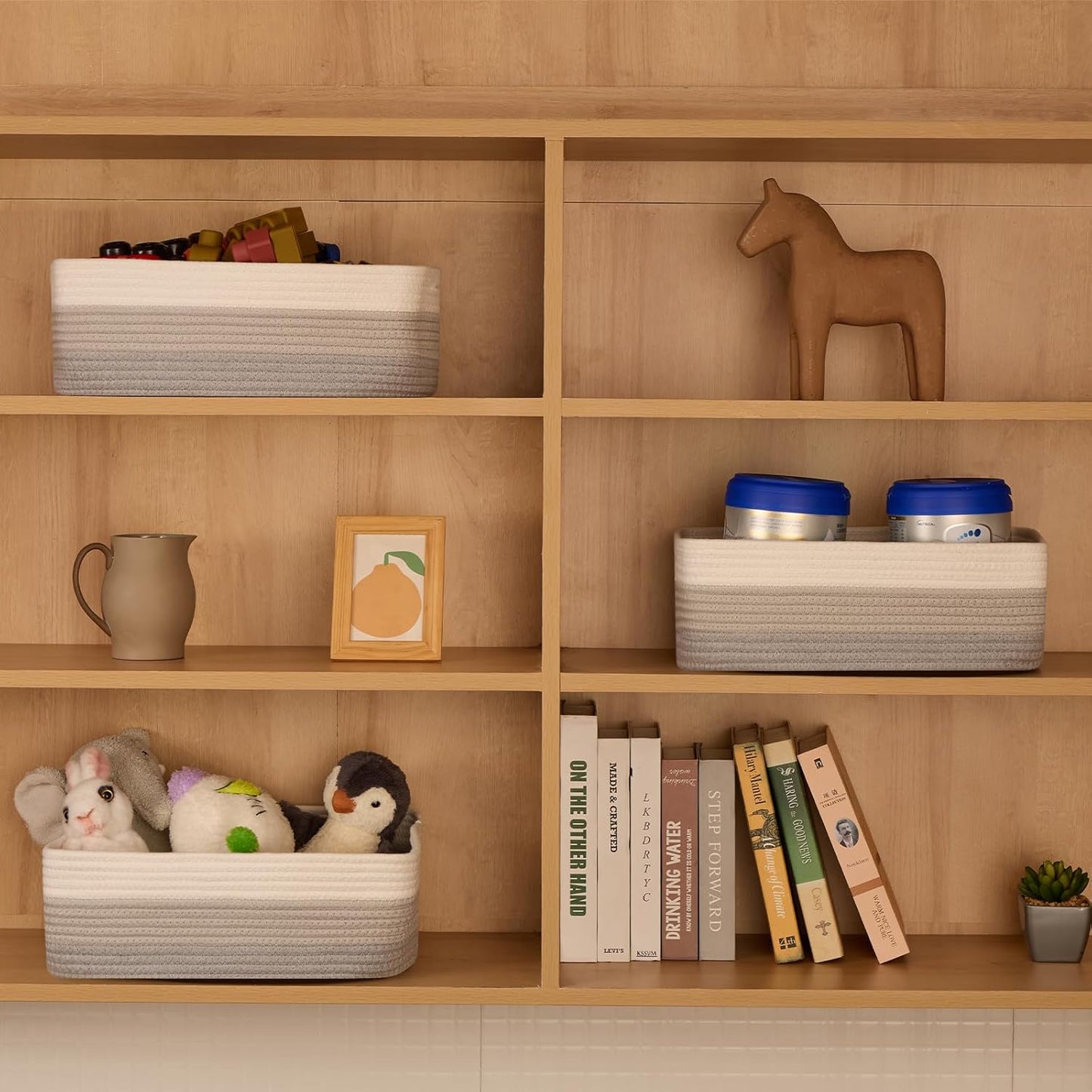 Large Shallow Organizing Baskets 15x11x5.1 Inches - Rope Woven Storage Bins for Bathroom, Shelves, Cube Closet, Gradient Grey 2 Packs