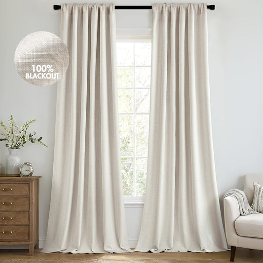 MIULEE 100% Blackout Curtains 80 Inch Long 2 Panels Set for Bedroom, Thick Luxury Faux Linen Black Out Curtain Room Darkening Back Tab Pleat Window Textured Drapes with Hooks for Living Room, Birch