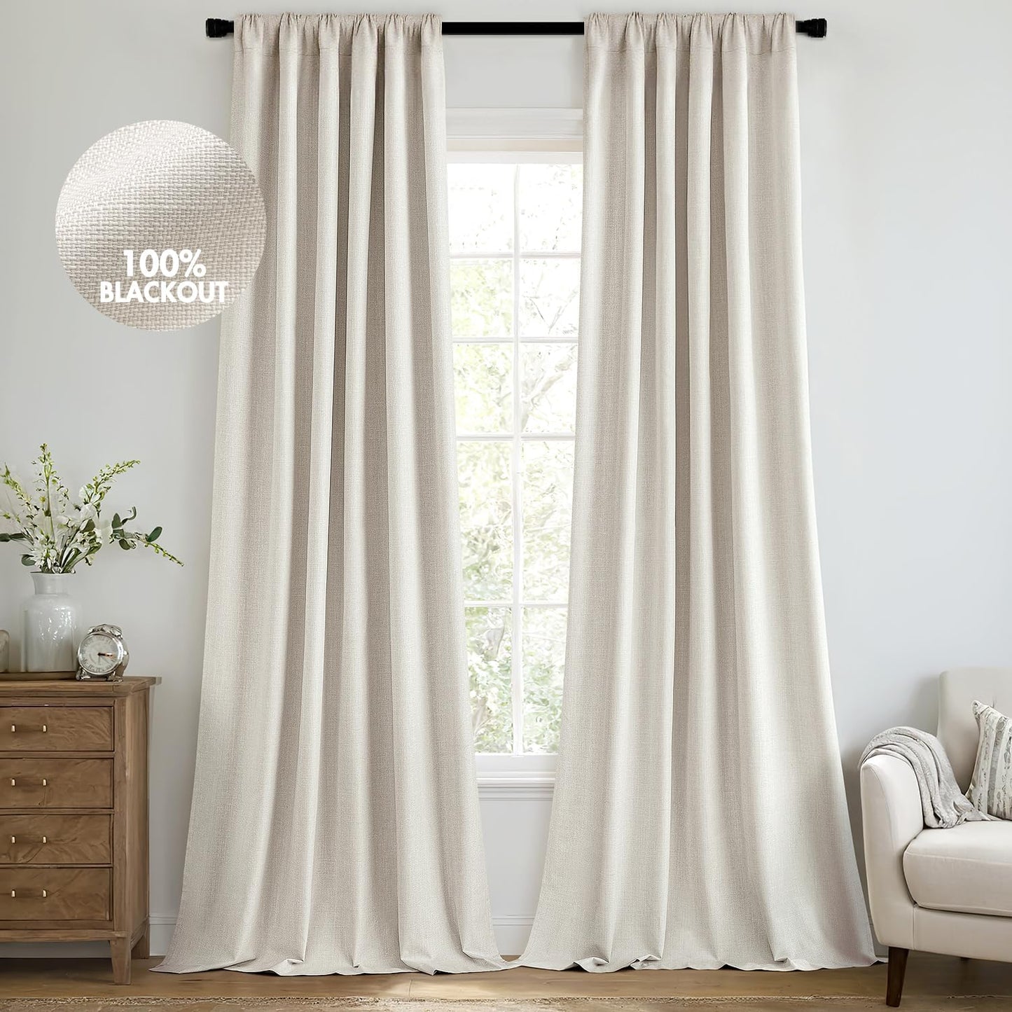 MIULEE 100% Blackout Curtains 100 Inch Long 2 Panels Set for Bedroom, Thick Luxury Faux Linen Black Out Curtain Room Darkening Back Tab Pleat Window Textured Drapes with Hooks for Living Room, Birch