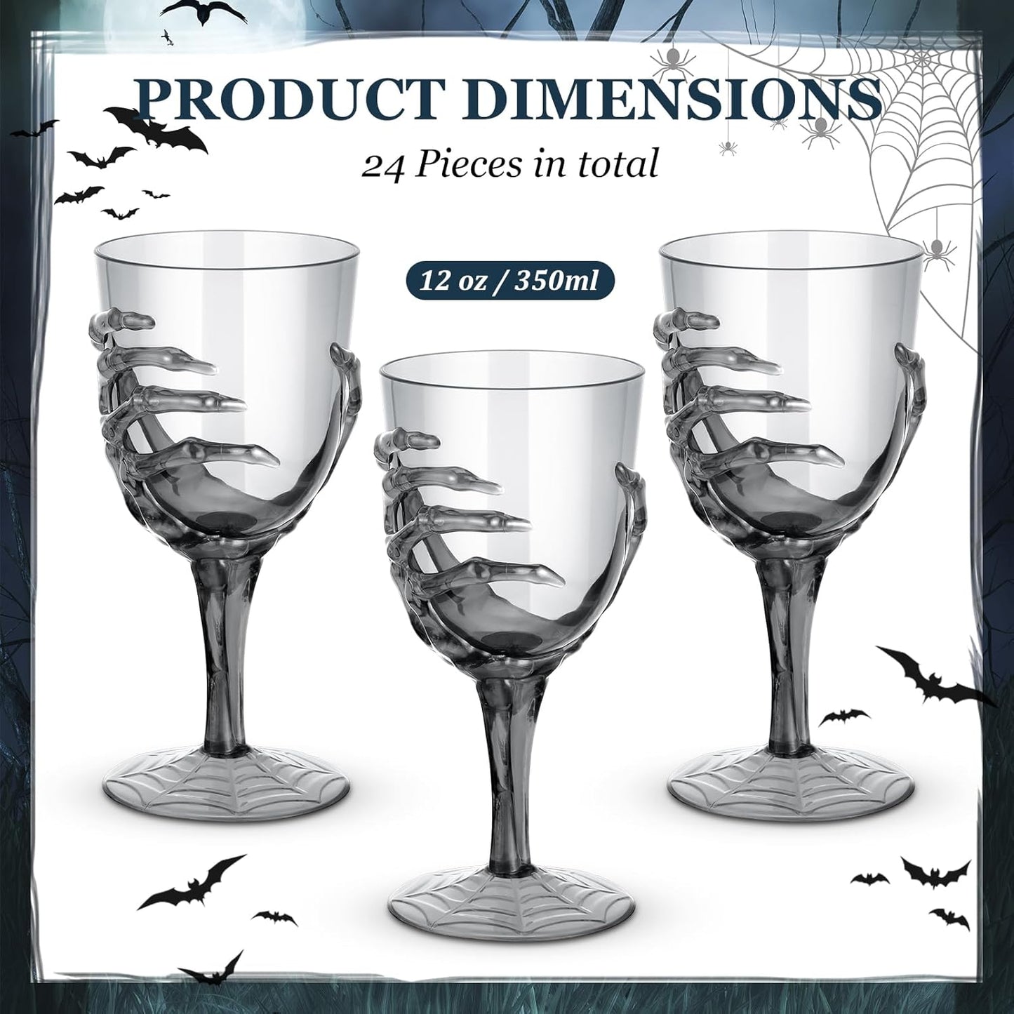 Dandat 24 Pcs Halloween Skeleton Hand Goblets 12oz Clear Plastic Halloween Cups Skull Wine Glass Set for Creepy Spooky Party Decorations (Black)