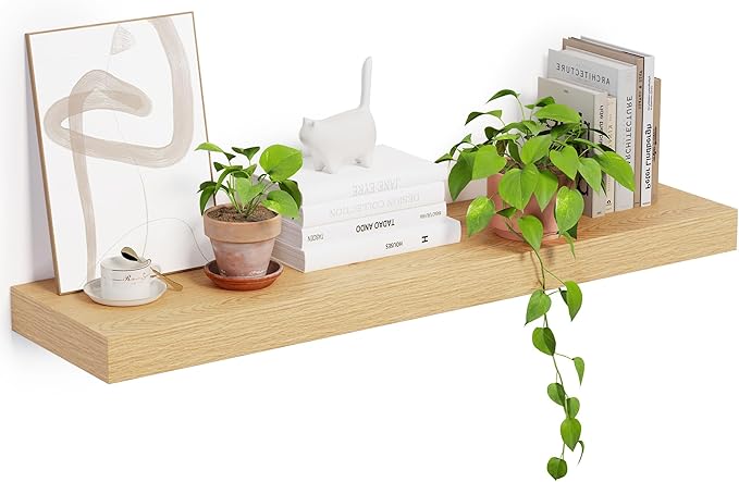 Heimlove 12 Inch Deep Floating Shelves, 48 x 12 inches Long Wall Shelf, Large Display Shelf & Storage Shelf, Rustic Wood Wall Shelves for Fireplace Mantel, Set of 1(Oak)