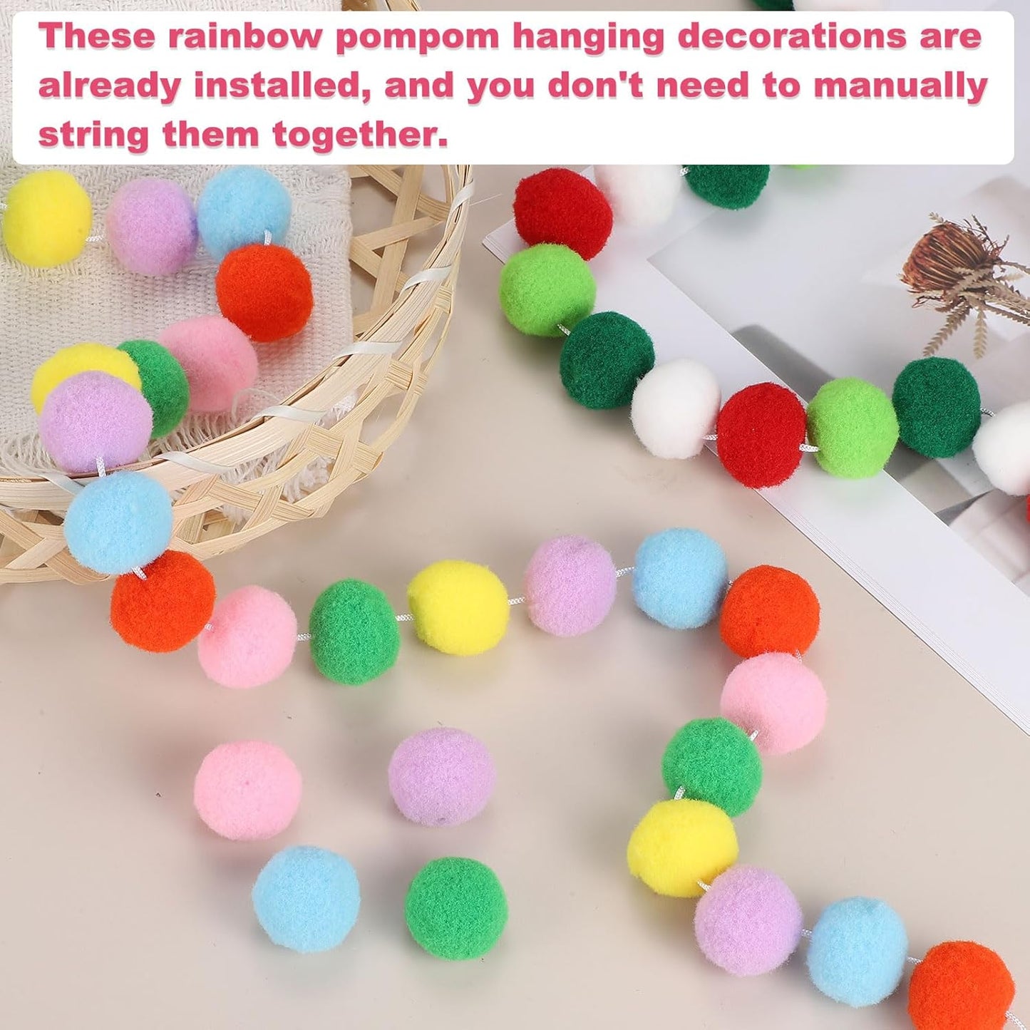 PATIKIL 26Ft Pom Pom Garland Decorations, 4Pcs Colorful Felt Ball Garland Banner Cute Rainbow Pompom Hanging Decorations for Tree Ornaments Homes Decor, Pink/White/Rose Red