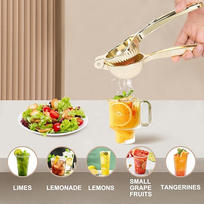 Lemon Squeezer, Heavy Duty Zinc Alloy Manual Lemon Juicer, High Yield Threaded Groove Small Oranges Limes Citrus Juicer Hand Press, Juice Maker for Cocktails Home Restaurant Kitchen Utensils(Gold)