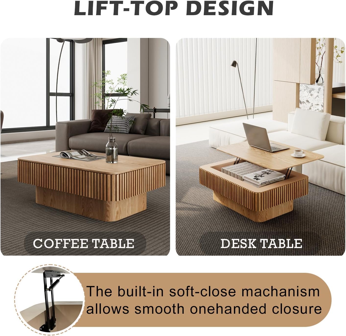 Lift Top Coffee Table with Storage, Solid Wood Coffee Table with Adjustable Height, Fluted Center Table Accent Tea Table for Living Room, Apartment, Office (38.6" Natuall)