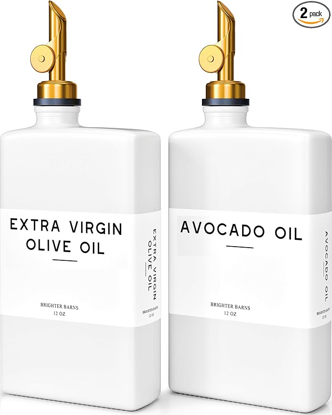 White Glass Olive Oil Dispenser Bottle for Kitchen by Brighter Barns - Avocado Oil Dispenser Set, Vanilla Syrup Bottle - Modern Decor, Gold Kitchen Accessories for Home, Airbnb, Cafe (White, Set of 2)