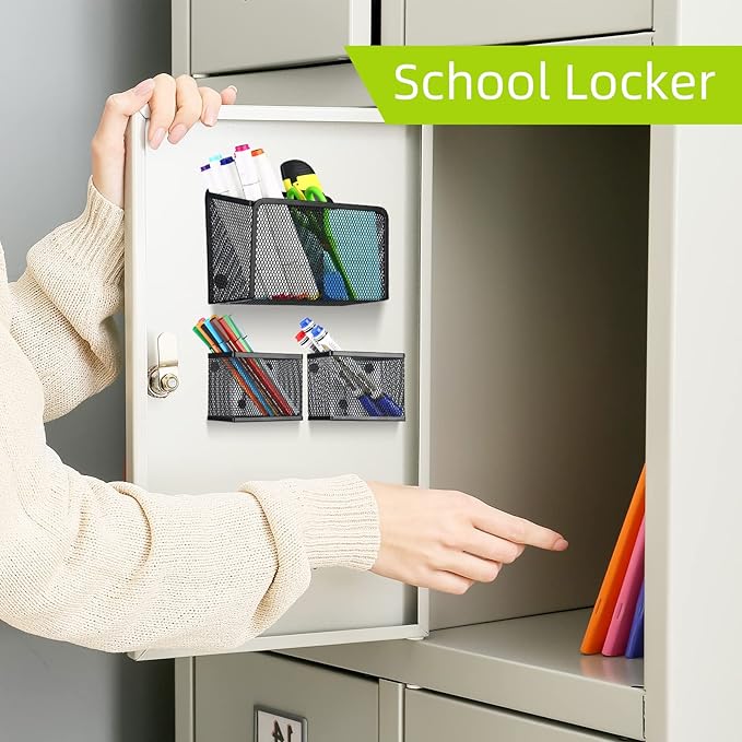 Neudeco Locker Shelf Organizer, Magnetic Pencil Holder, Metal Storage Basket for Whiteboard, Refrigerator, Ideal Cabinet for School, Black (Pack 3L)