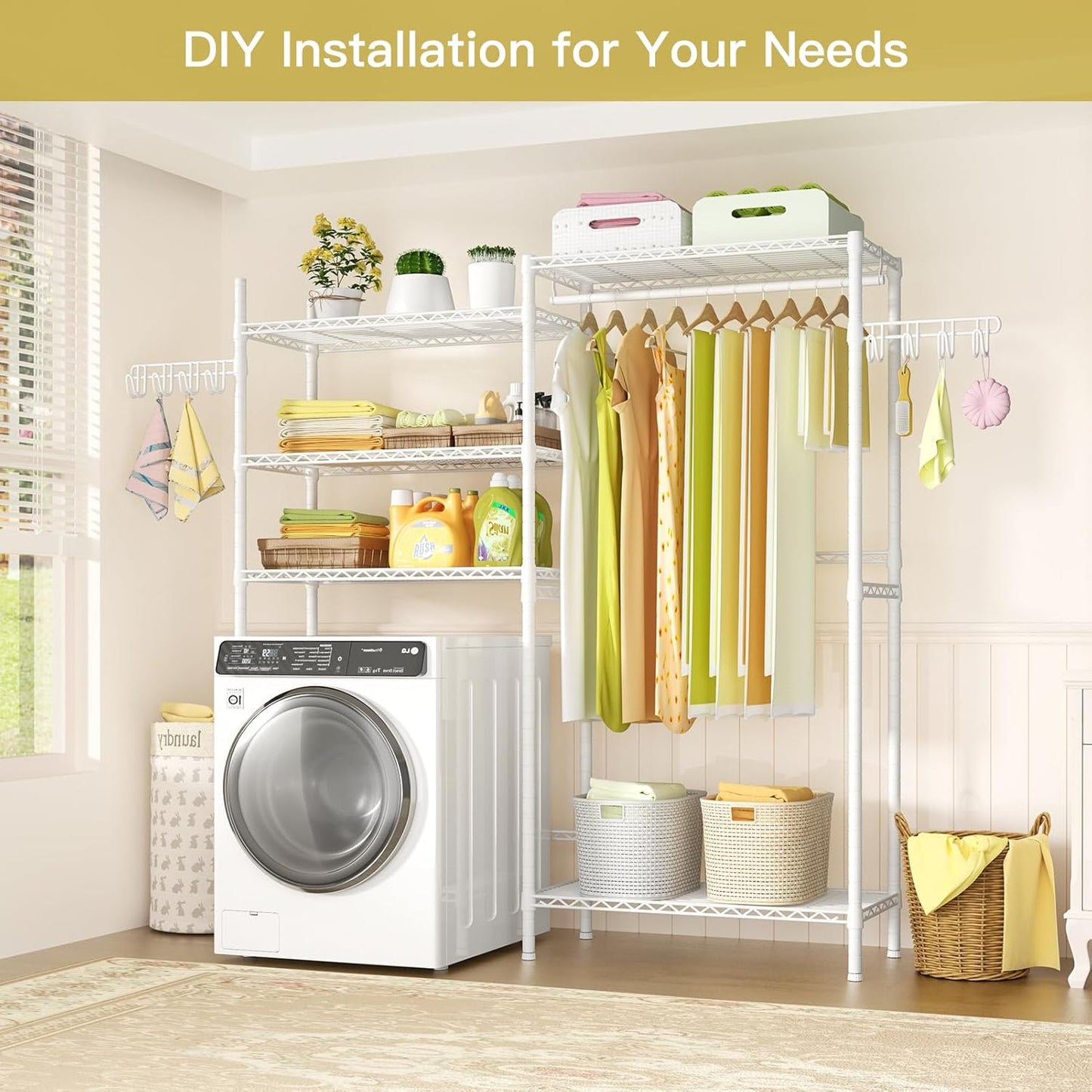 Ulif U5 Over the Washer and Dryer Storage Shelf, Laundry Room Space Saver Bathroom Storage and Organizer Rack for Hanging Towels and Drying Clothes with 5 Wire Shelves, 58.2"W x 13.4"D x 77.5"H, White