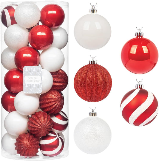 Every Day is Christmas Ornaments, Shatterproof Christmas Tree Ornament Set, Christmas Balls Decoration 35 Count (2.75"/70mm, Red White)
