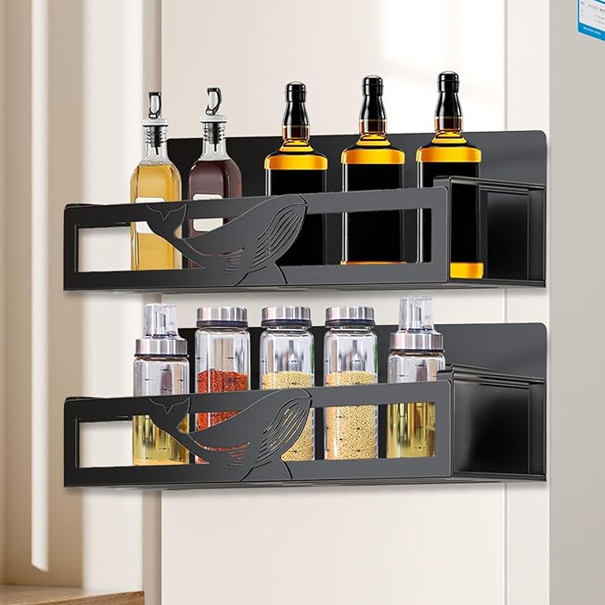 Magnetic Spice Rack for Refrigerator, 2-Pack Metal Spice Organizer for Kitchen Storage Organization, Magnetic Shelf for Fridge Space Saving Seasoning Organizer, Black