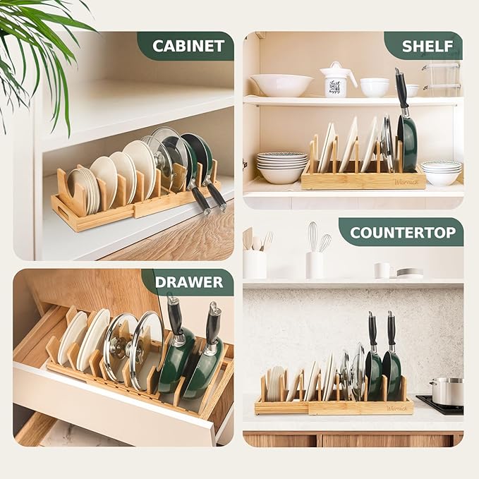 Bamboo Pot Lid Organizer, Adjustable Kitchen Organizer for Cabinet, Expandable Pot and Pan Storage Rack, Kitchen Organization for Lids, Bakeware, and Cutting Boards