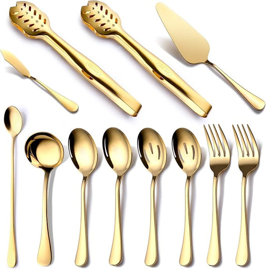 Gold Serving Utensils, OGORI 12-Piece Stainless Steel Serving Utensils Include Serving Spoons, Slotted Spoons, Serving Tongs, Serving Forks, Butter Knife, Stirring Spoon, Soup Ladle, Pie Server