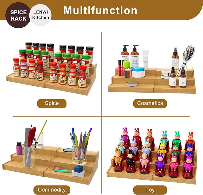 Spice Rack Organizer for Cabinet 2Pack, 3 Tier Expandable Bamboo Spice Storage, Great for Kitchen Cabinet, Cupboard,Pantry and More(Natrual)