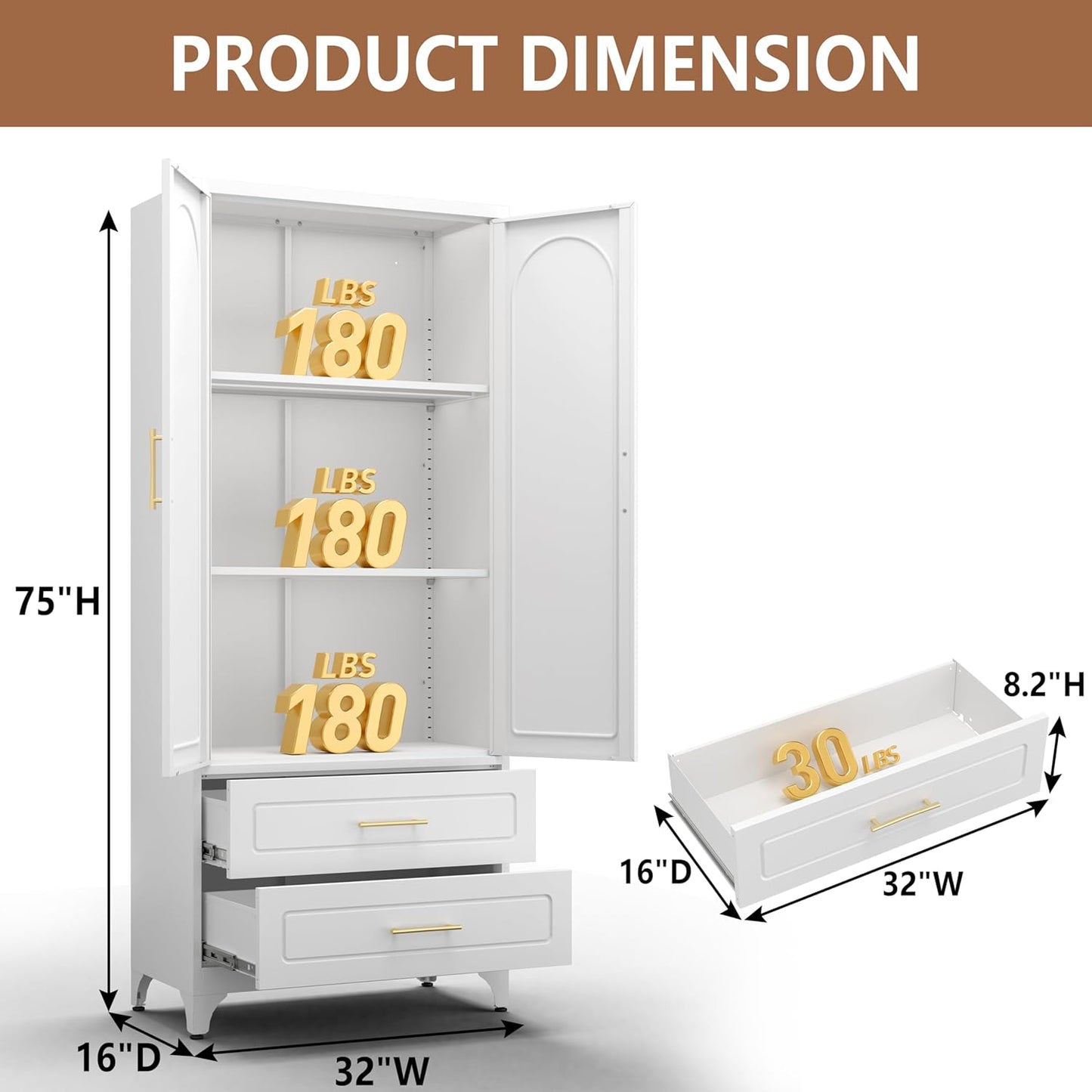 Kitchen Pantry Cabinet, 75" Tall Metal Pantry Cabinet with Two Drawers, Food Cupboards with Doors and Shelves, Freestanding Storage Cabinets for Dining, Living Room, White, Assemble Required