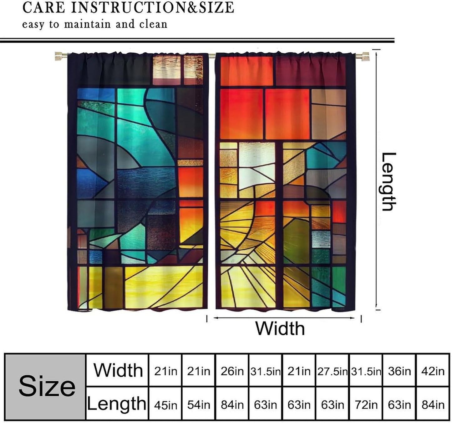Stained Glass Curtains,Retro Abstract Colorful Geometry Textures Art Home Decor Drapes for Bedroom Living Room Kitchen Window Treatment 2 Panels Set Total Size 55" W X 63" L Inch