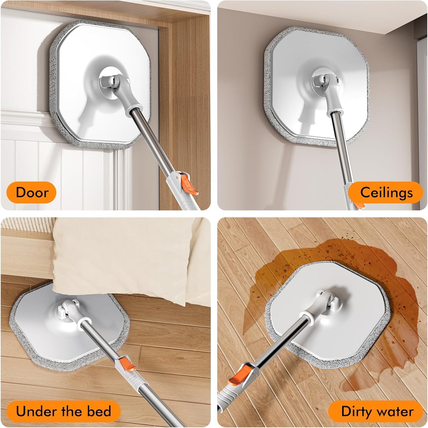 Spin Mop and Bucket Set with Separate Dirty and Clean Water,360° Spin Mop and Bucket System with Widening Foldable Handle,6 Replaceable Mop Pads,Square Mop for Floor Hardwood Wall Cleaning(White)