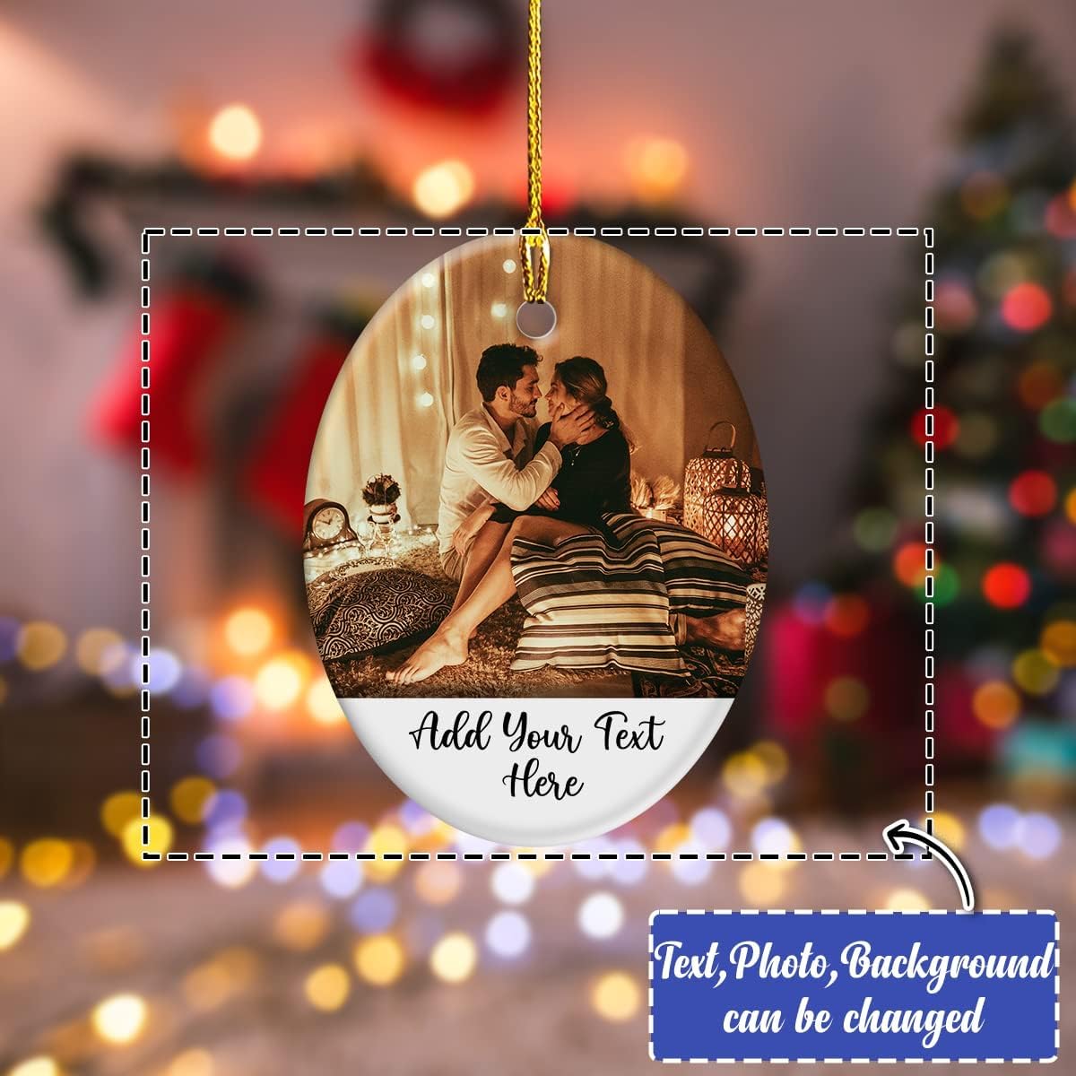 Custom Christmas Ornament with Photo Picture Personalized Oval Shaped Ceramic Ornament Pictures Photos Text Message Keepsake Decorations for Couple Family Friends Gifts Xmas Tree Decor Gift