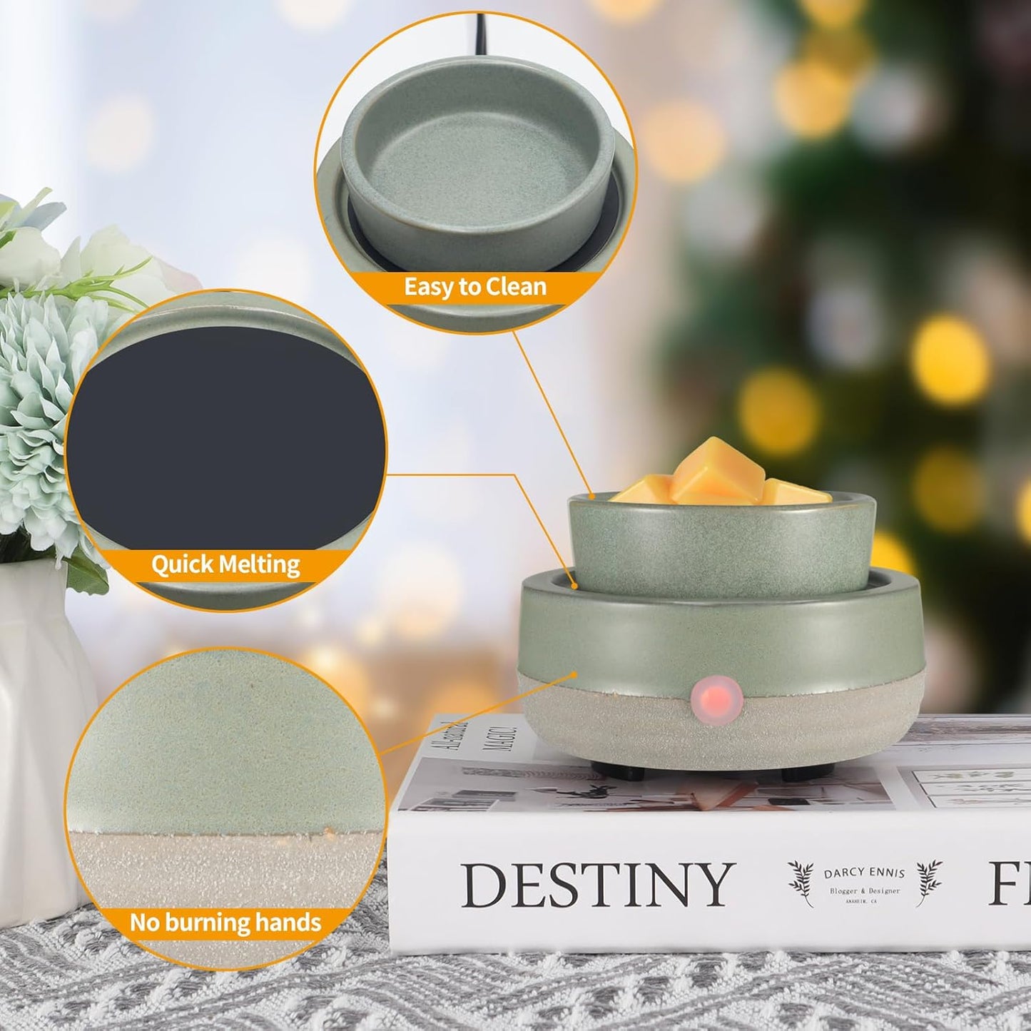 Wax Melt Warmer, Ceramic Electric Candle Wax Warmer 3-in-1 Oil Burner Fits Yankee Large Jar, Scented Candle Holder for Home Decor Thanksgiving Christmas Day Gifts (02-Light Green)
