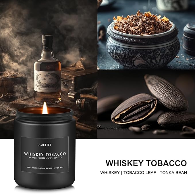 Whiskey Tobacco Candle | Masculine Candles for Men, Soy Candles for Home Scented, Manly Gifts Tobacco Candle for Home - Gifts for Men, 7oz Black Jar