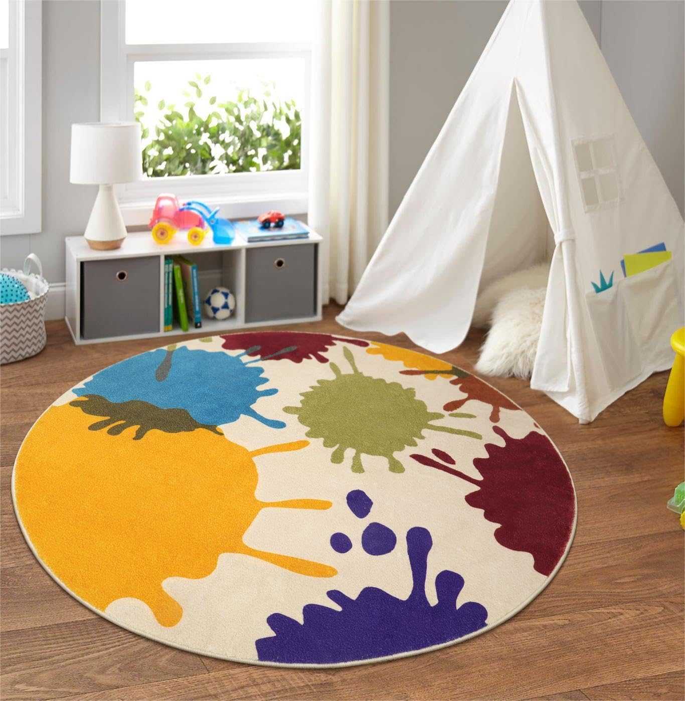 STARUIA Art Round Rug for Playroom, 4'x4' Colorful Kids Rug for Nursery, Non-Slip Small Circle Rugs for Kids Room, Machine Washable Bedroom Rugs Soft Circular Office Carpet for Preschool Dorm