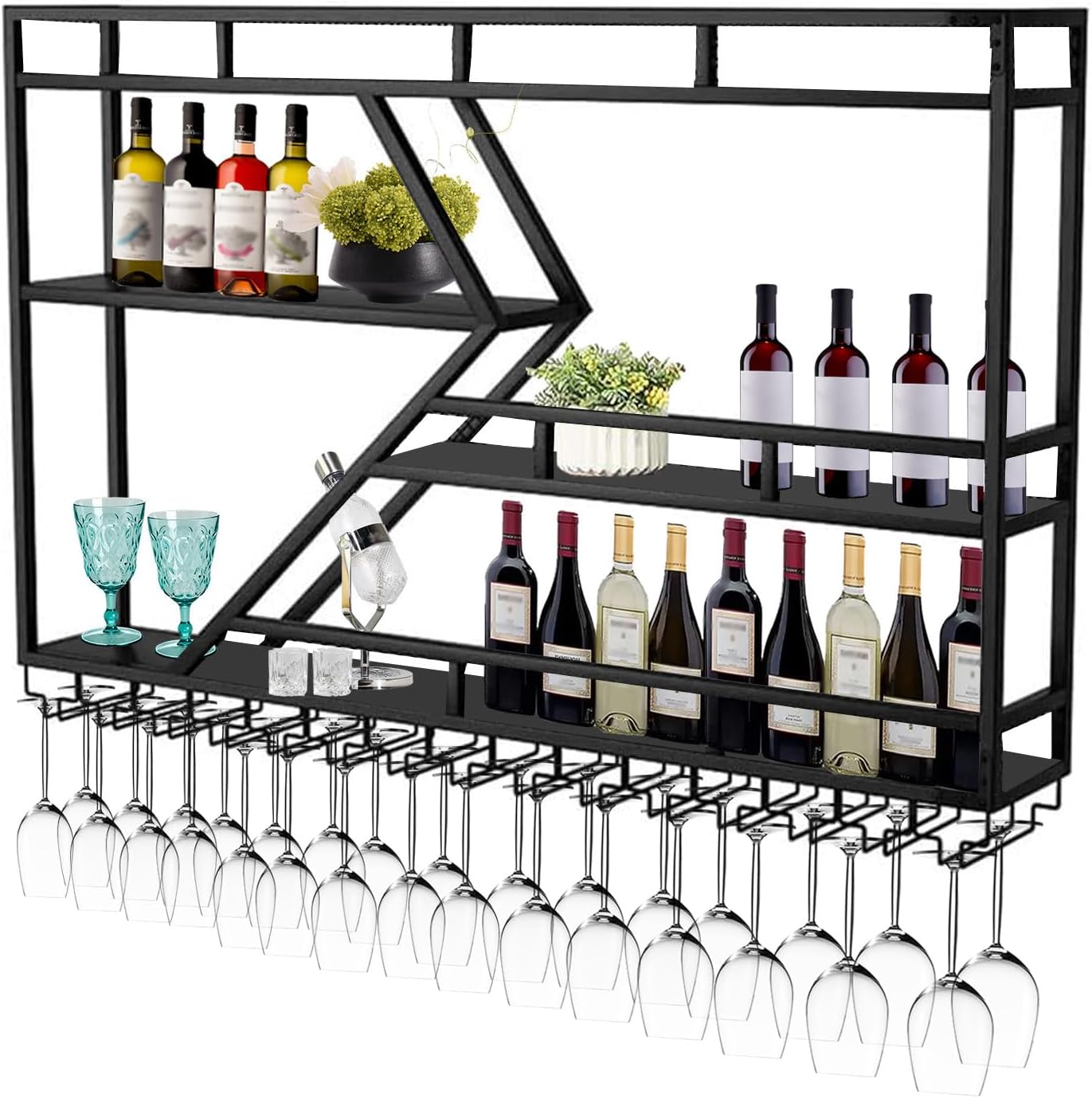 Wall Mounted Wine Rack with Glass Holder, 3-Tier Metal Storage Shelf, Black Diamond Design, Wine Bottle Display with Stemware Storage (Black, 31.49in/Right)
