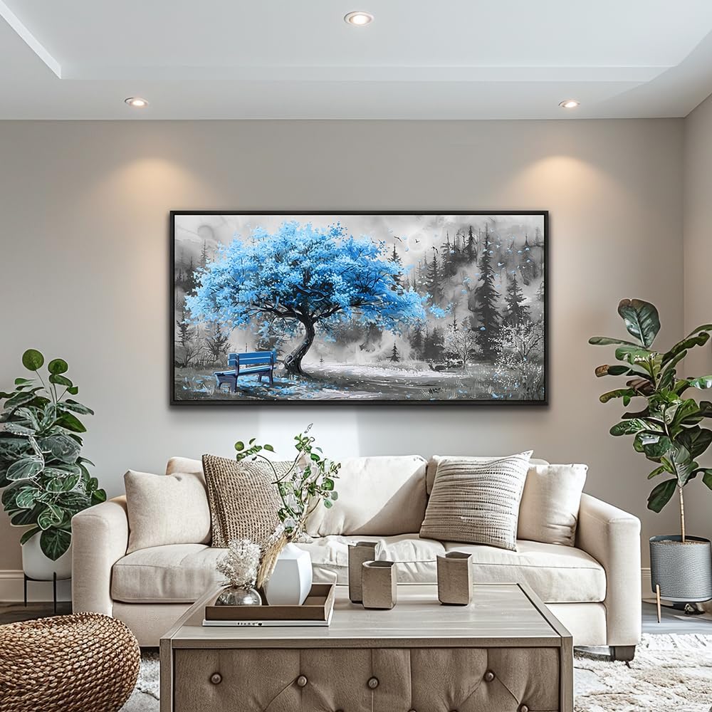 ZUITINGHUA Large Black Framed Wall Decor For Living Room Canvas Wall Art For Office Modern Wall Decorations For Bedroom Blue Tree Landscape Paintings Black And White Pictures Home Decor 24x48 In