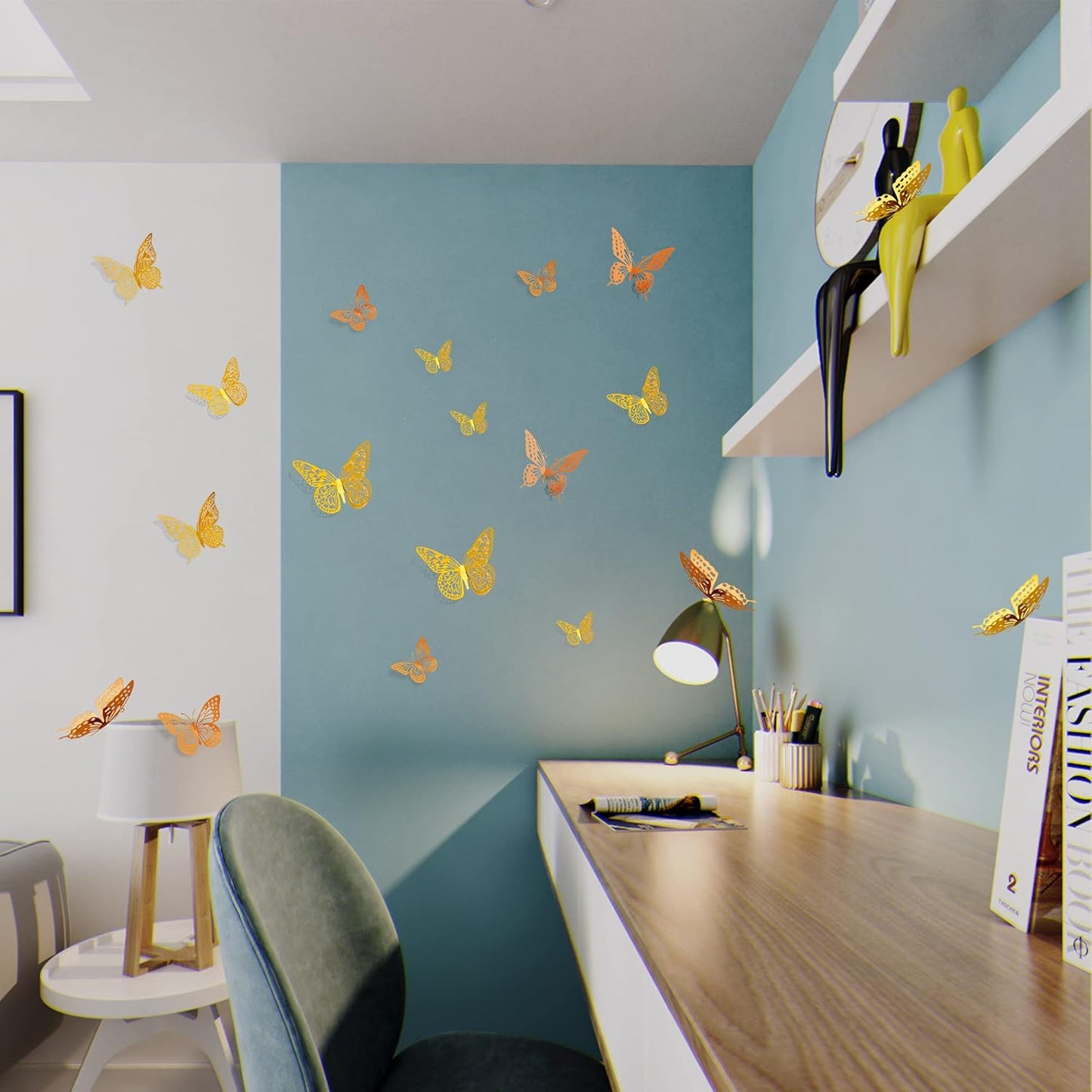 SAOROPEB 3D Butterfly Wall Decor, 48 Pcs 4 Styles 2 Color 3 Sizes, Removable Metallic Wall Sticker Room Mural Decals for Kids Bedroom Nursery Classroom Party Decoration (2 Color)