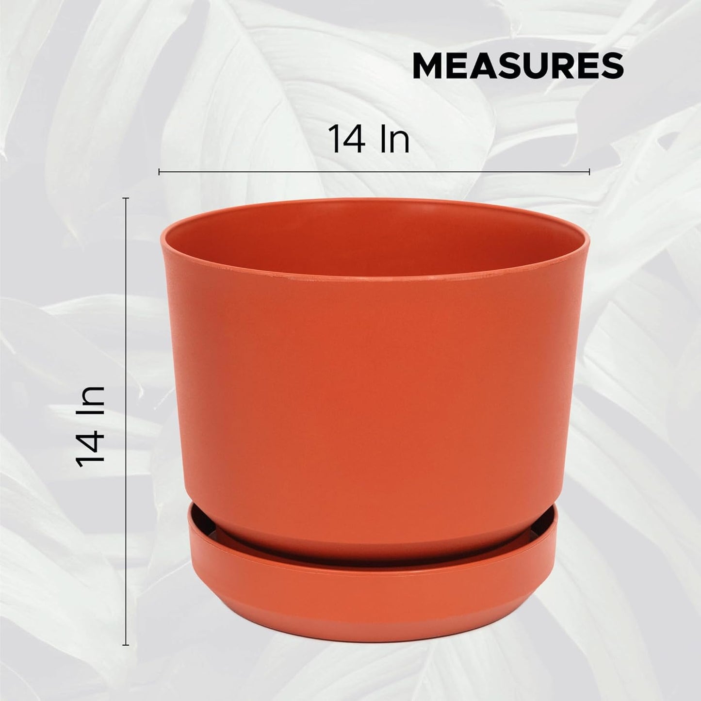 Elly Décor 14 inch Plastic Cylinder Planter Pot with Self-Watering Saucer and Drainage Hole,Lightweight & Extremely Durable, 14"x 14", Terracotta