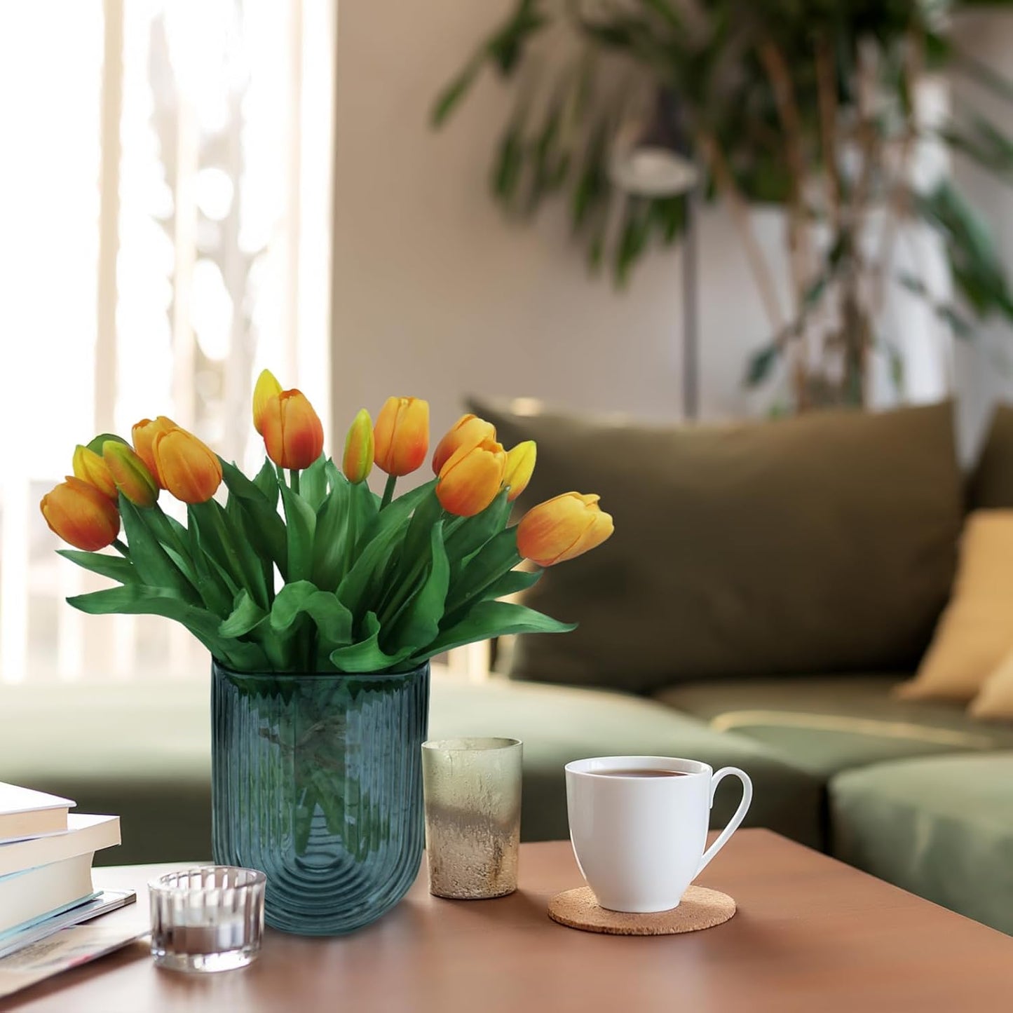 15pcs Artificial Tulips Flowers, Fake Tulips Real Touch, Faux Latex Bouquets, for Party Wedding Home Room Decoration (Orange)