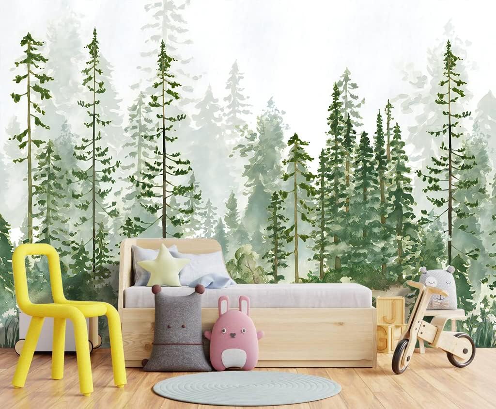 Boys or Girls Cartoon Pine Tree Forest wallpeper Nursery Kids Bedroom Wall Mural - 137"x96"（Not Peel and Stick）