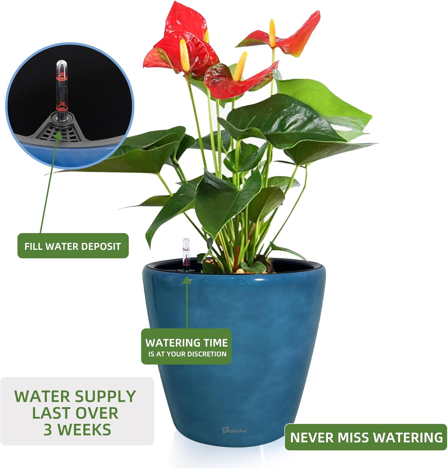 Dexceder 15x14 Self Watering Planter with Wheels Indoor Outdoor, Inner Pot Design, Thickened Large Floor Standing Flower Plant Pot with Water Level Indicator (Peacock Blue Gradient)